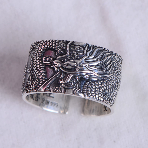 Silver Dragon Sutra Band – Intricate Engraved Ring – Represents Mystical Power & Knowledge