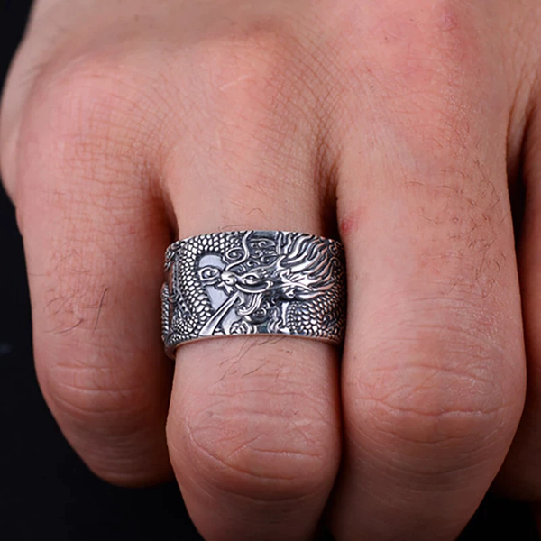 Silver Dragon Sutra Band – Intricate Engraved Ring – Represents Mystical Power & Knowledge