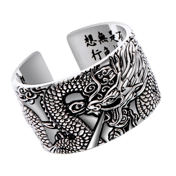 Silver Dragon Sutra Band – Intricate Engraved Ring – Represents Mystical Power & Knowledge