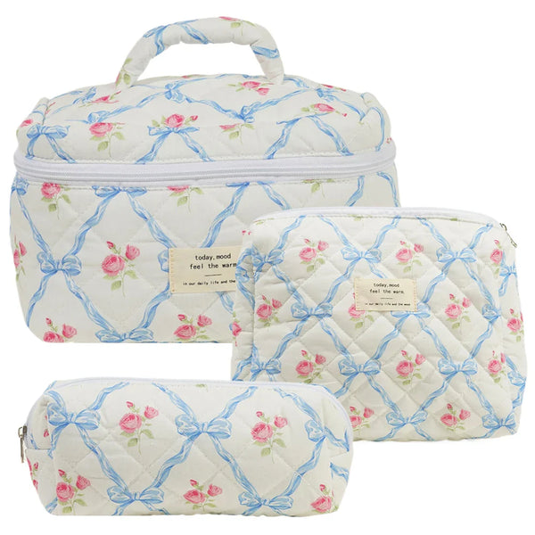 Nicola | Quilted Floral Cosmetic Makeup Bag Set (3pcs)